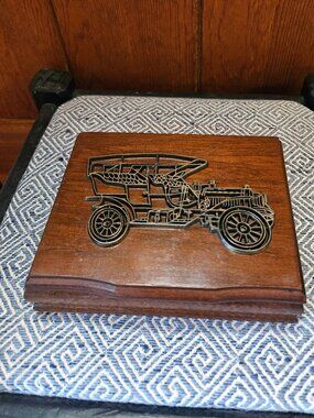 Vintage 1980s Wooden Playing Card Box w/ Raised Metal Antique Car Detail